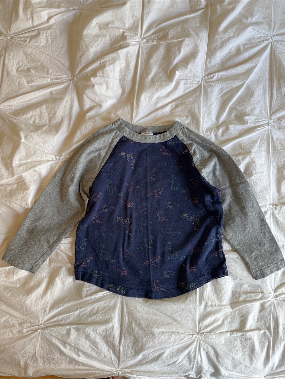 Hanna Andersson Boy’s Navy Dinosaur Raglan Tee with Gray Sleeves, size 5